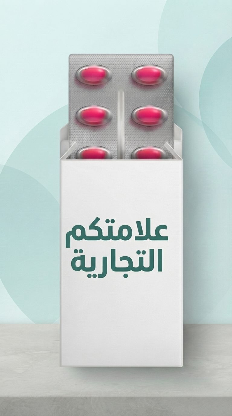 بليستر من الكبسولات الهلامية الوردية يخرج من علبة كرتونية مطبوع عليها «علامتكم التجارية»