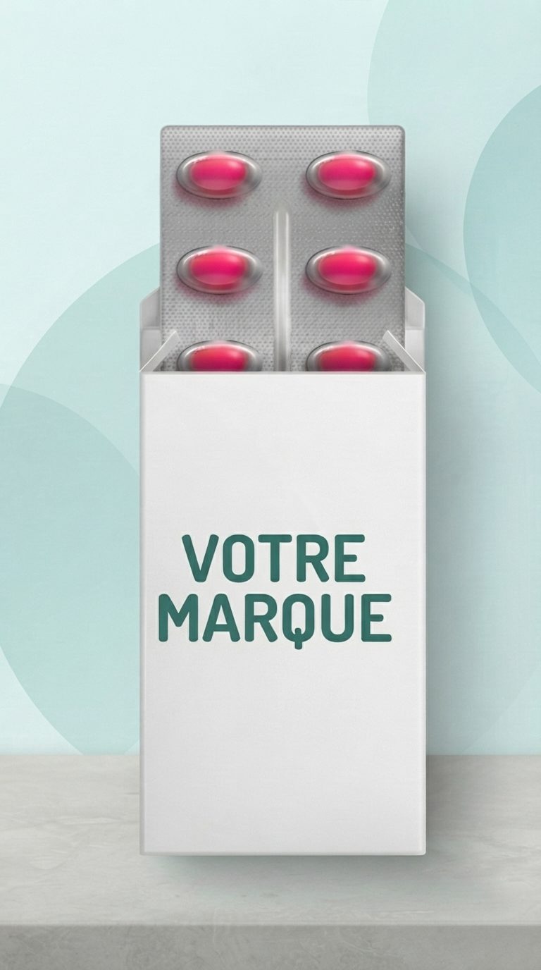 Blister de capsules molles roses qui sort d'un étui portant la mention VOTRE MARQUE