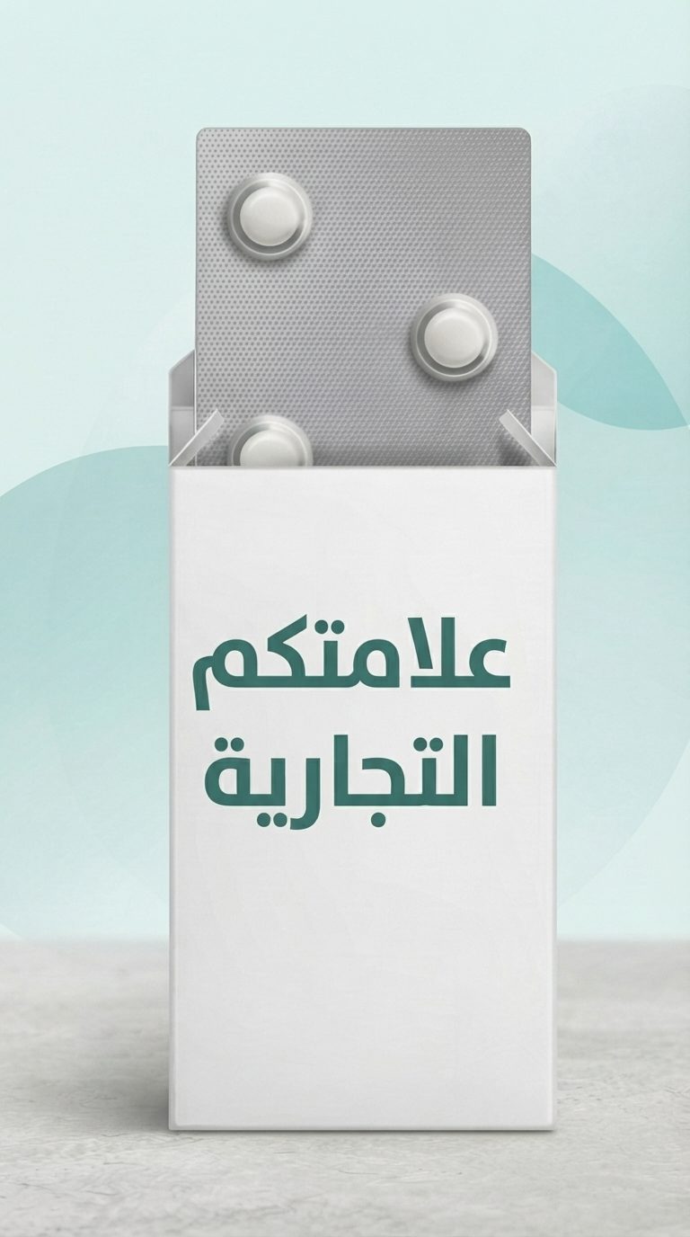 بليستر من الأقراص المستديرة البيضاء في علبة كرتونية مطبوع عليها «علامتكم التجارية»