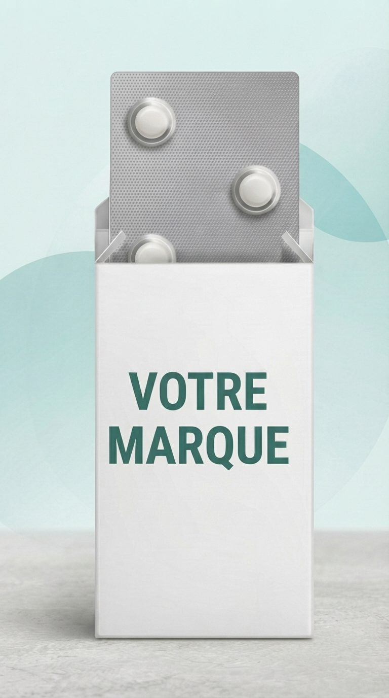 Blister de comprimés ronds blancs dans un étui portant la mention VOTRE MARQUE