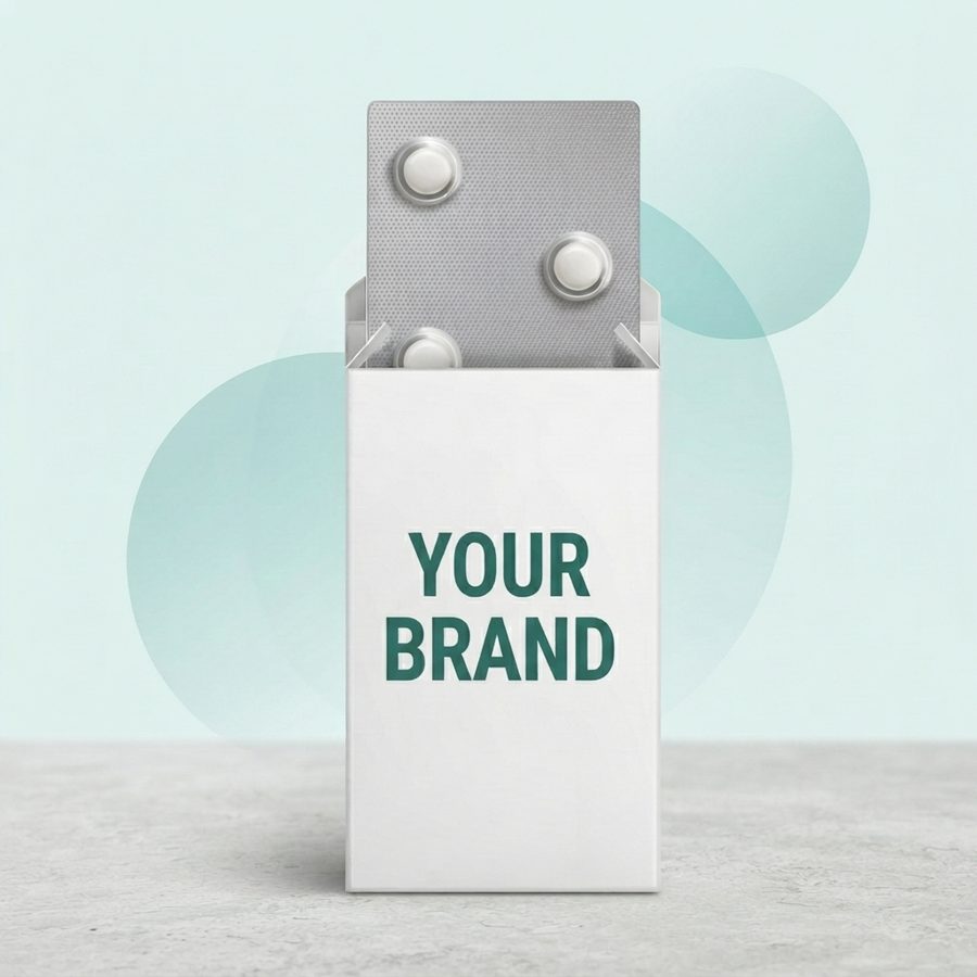 Blister of round white tablets in a carton printed YOUR BRAND