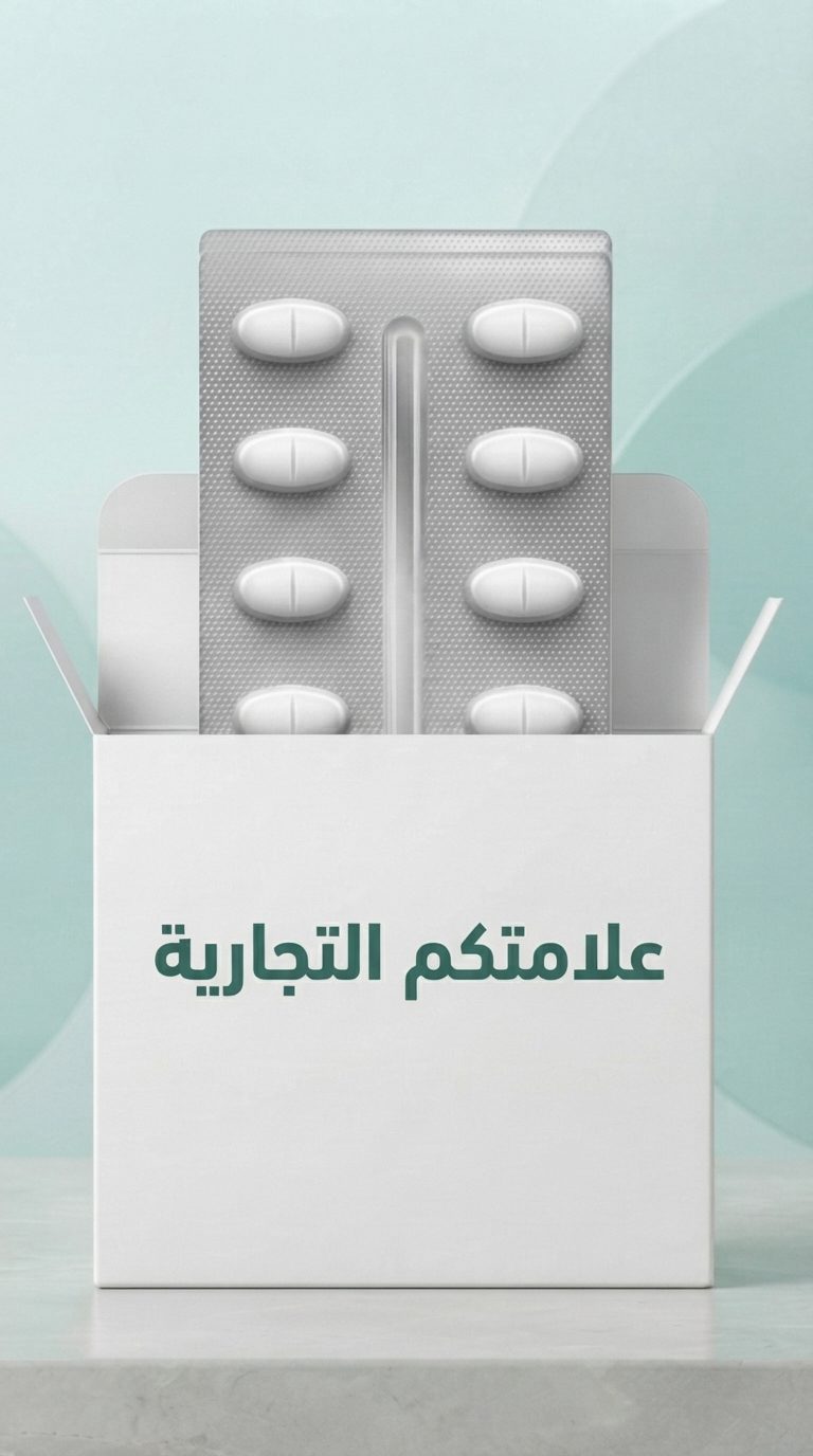 بليستر من الأقراص البيضاوية البيضاء في علبة كرتونية مفتوحة مطبوع عليها «علامتكم التجارية»