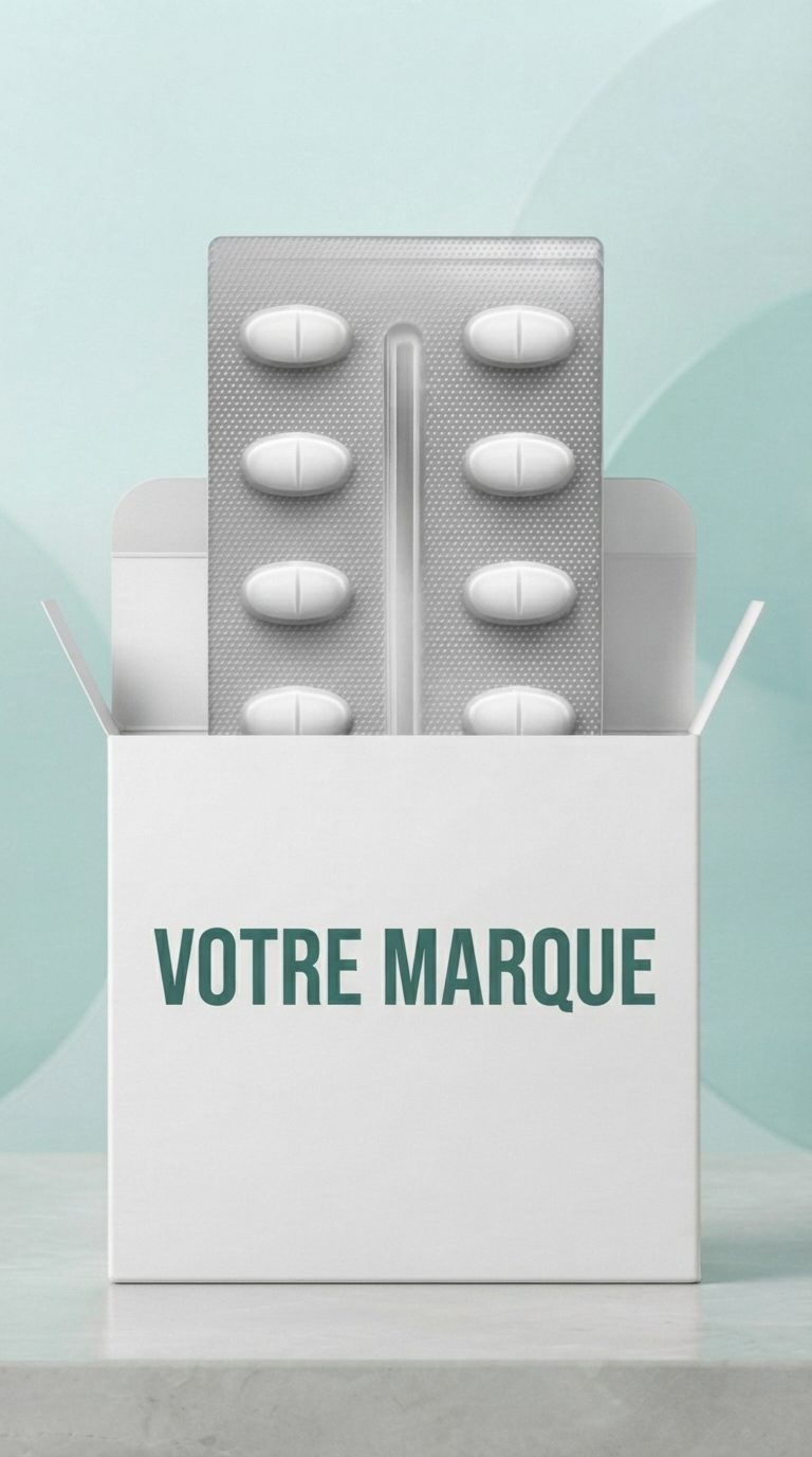 Blister de comprimés ovales blancs dans un étui ouvert portant la mention VOTRE MARQUE
