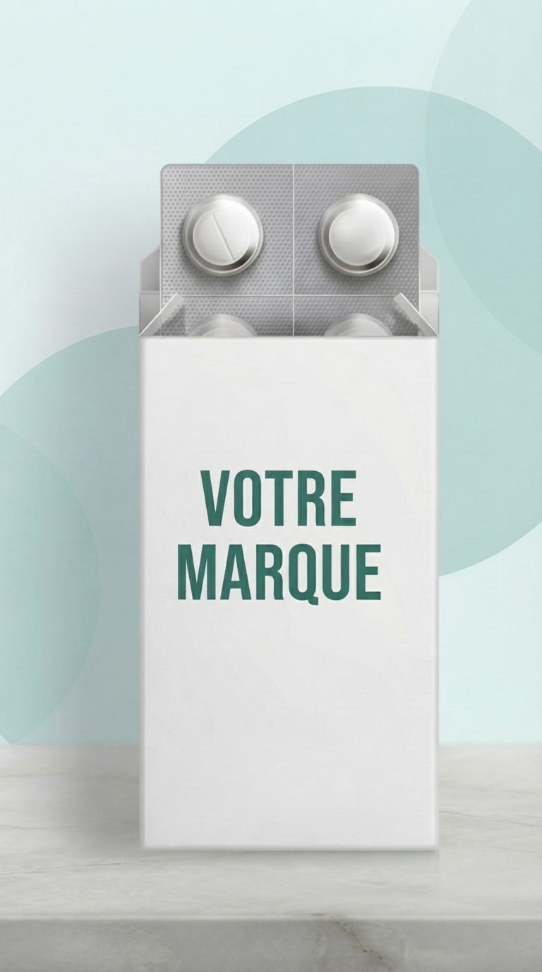 Blister de comprimés ronds dans un étui portant la mention VOTRE MARQUE