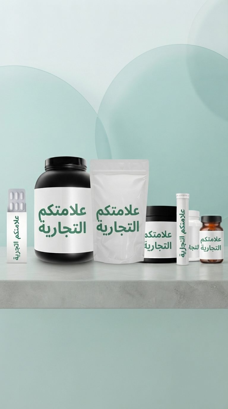 برطمانات وزجاجات وأكياس وأنابيب وعبوات بليستر تحمل عبارة علامتكم التجارية