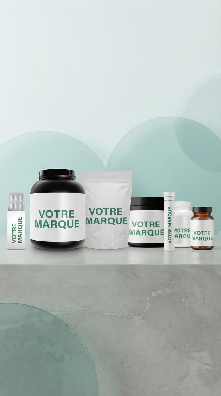 Pots, flacons, sachets, tubes et blisters portant la mention VOTRE MARQUE