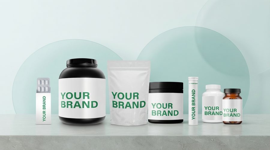 Jars, bottles, pouches, tubes and blisters with a YOUR BRAND label