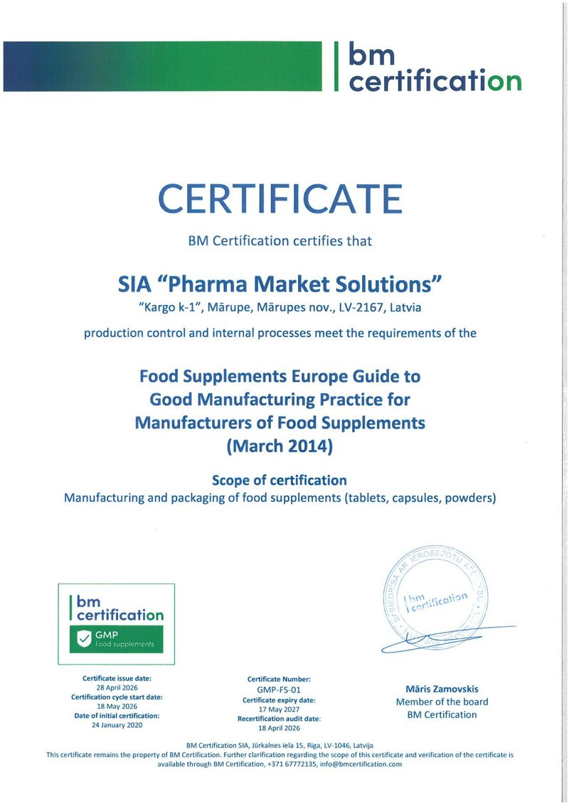صورة شهادة ممارسات التصنيع الجيدة للمكملات الغذائية، وفق دليل Food Supplements Europe