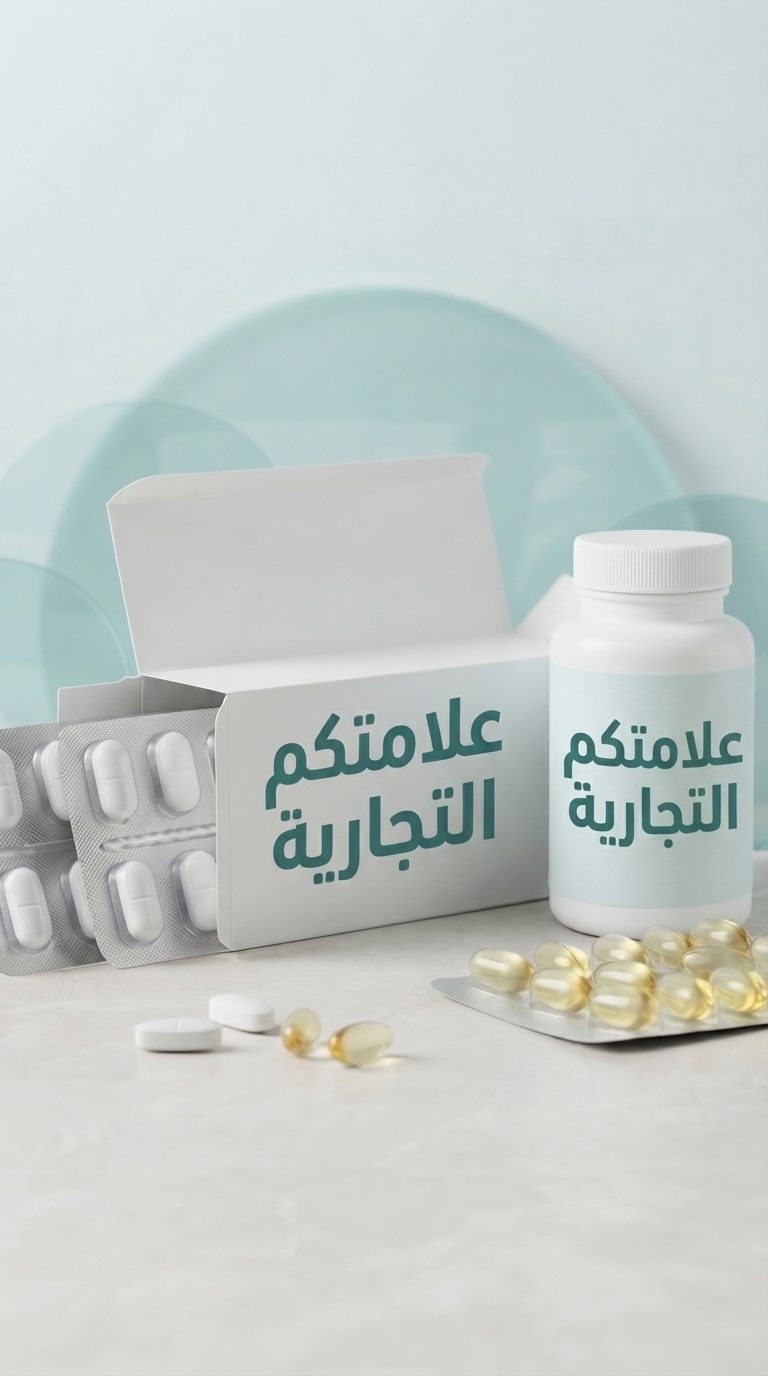 علبة كرتونية وزجاجة مطبوع عليهما «علامتكم التجارية»، مع بليسترات من الأقراص البيضاء والكبسولات الهلامية الذهبية