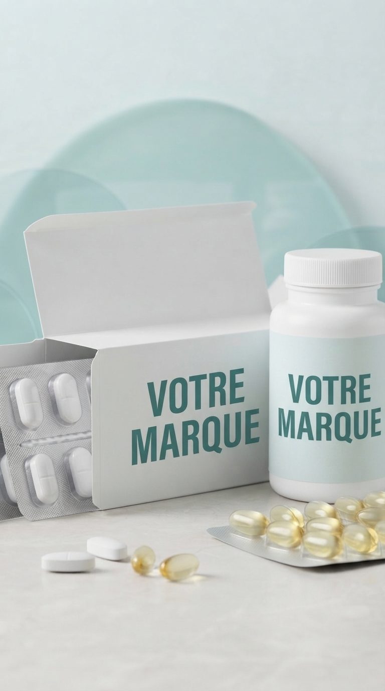 Étui et flacon portant la mention VOTRE MARQUE, avec des blisters de comprimés blancs et de capsules molles dorées