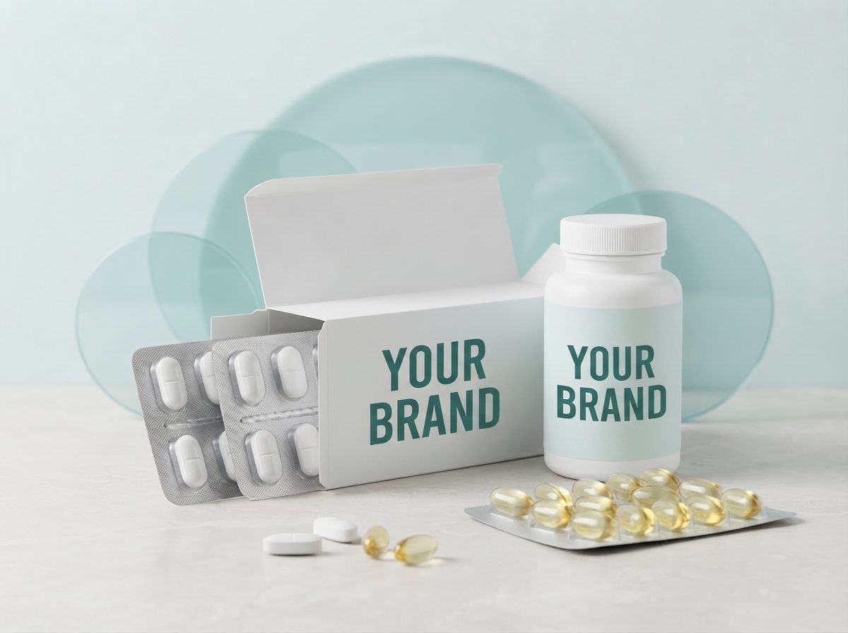 Carton and bottle printed YOUR BRAND, with blisters of white tablets and golden softgels