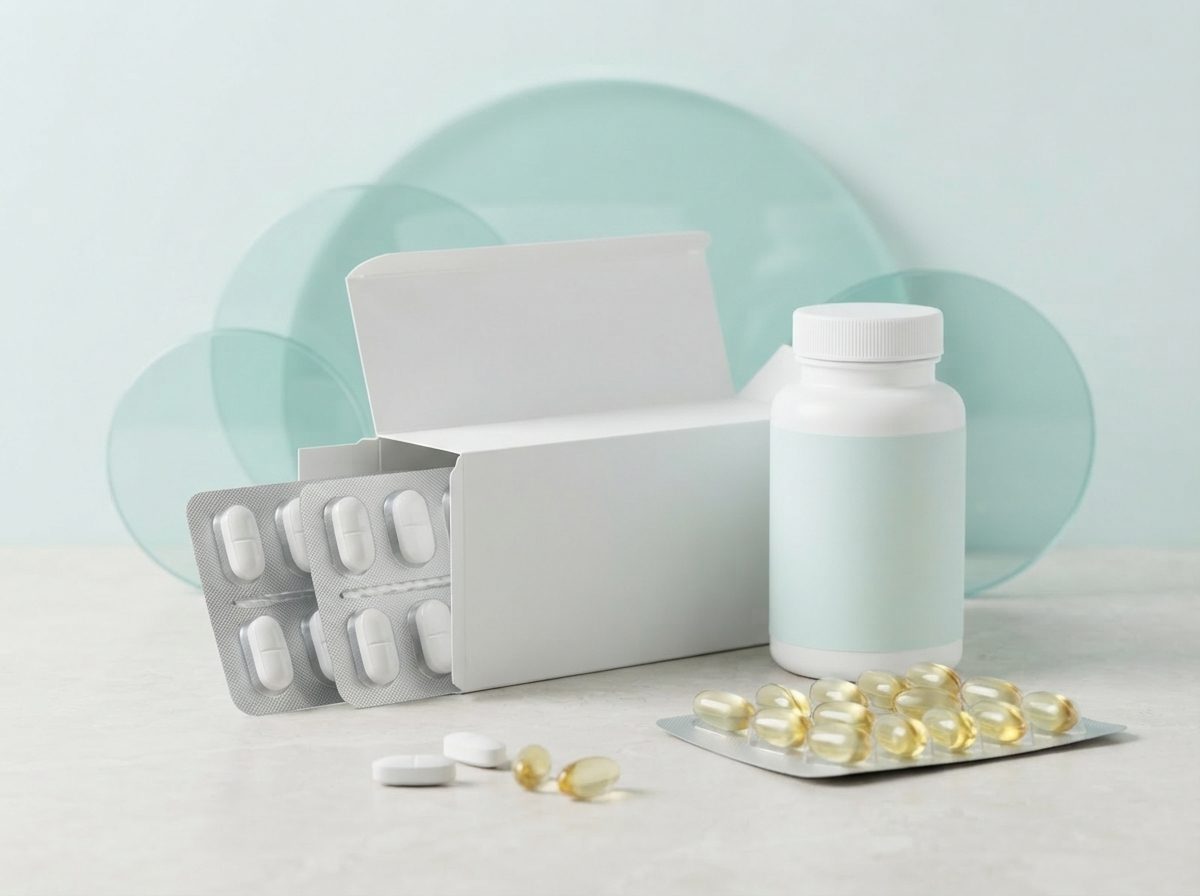 A white carton with blisters of tablets sliding out, a supplement bottle and a blister of softgels