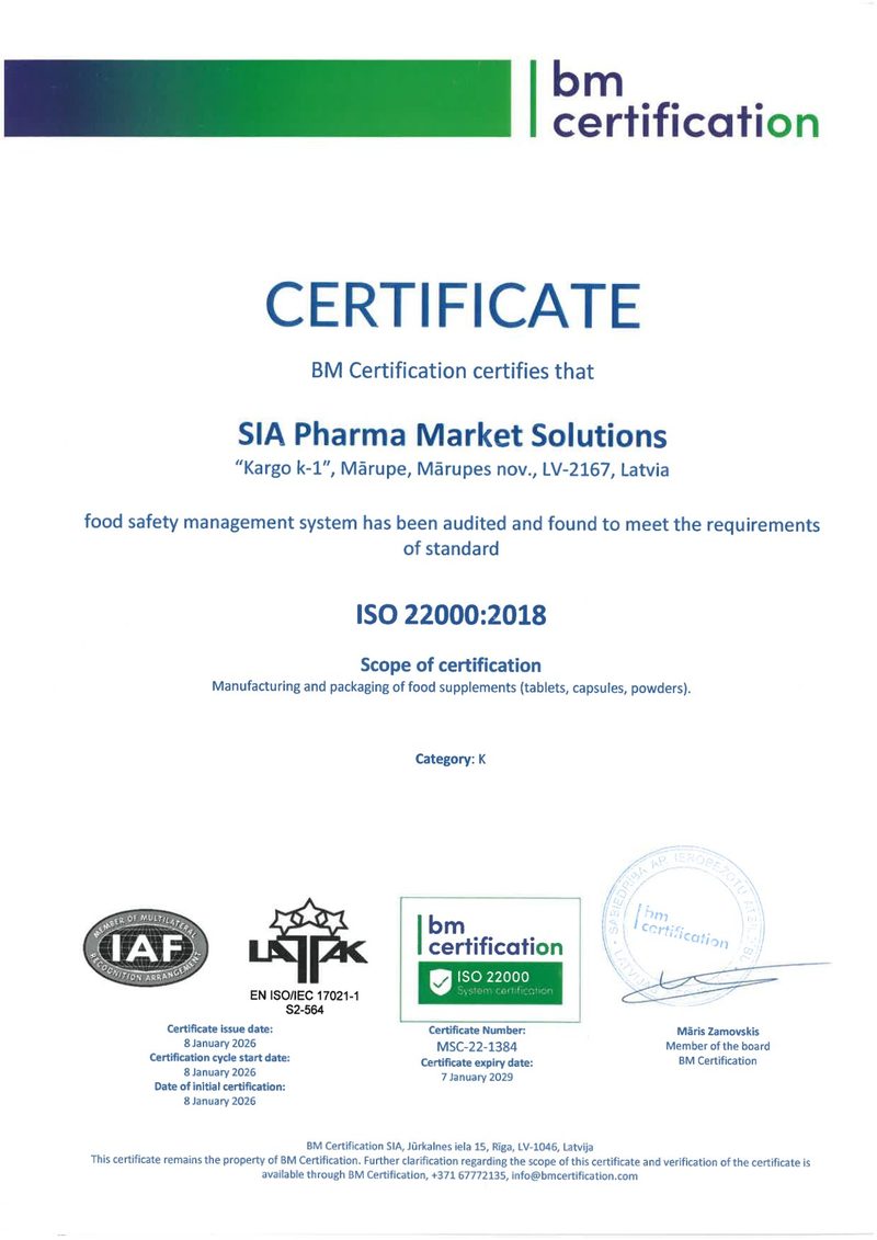 صورة شهادة ISO 22000 لنظام إدارة سلامة الغذاء