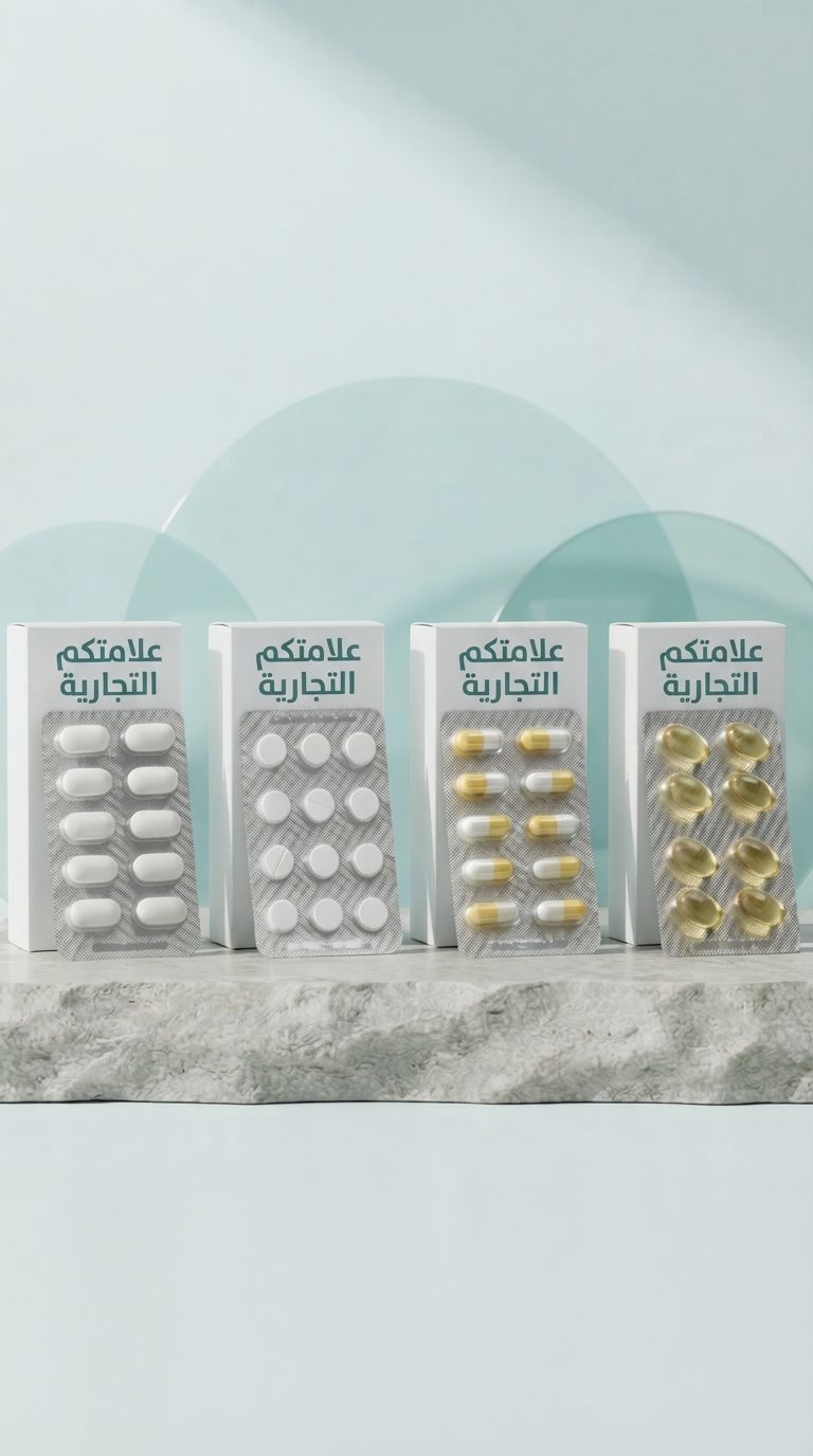أربع علب كرتونية مطبوع عليها «علامتكم التجارية»، مع بليسترات من الأقراص والكبسولات والكبسولات الهلامية، ونوع واحد في كل بليستر