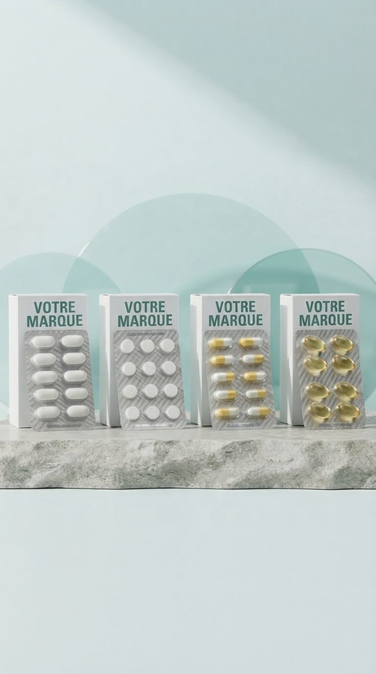 Quatre étuis portant la mention VOTRE MARQUE, avec des blisters de comprimés, de gélules et de capsules molles, un seul type par blister