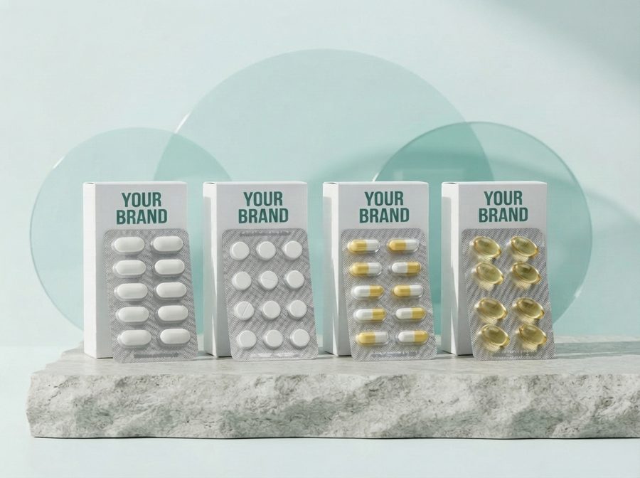 Four cartons printed YOUR BRAND with blisters of tablets, capsules and softgels, one kind per blister