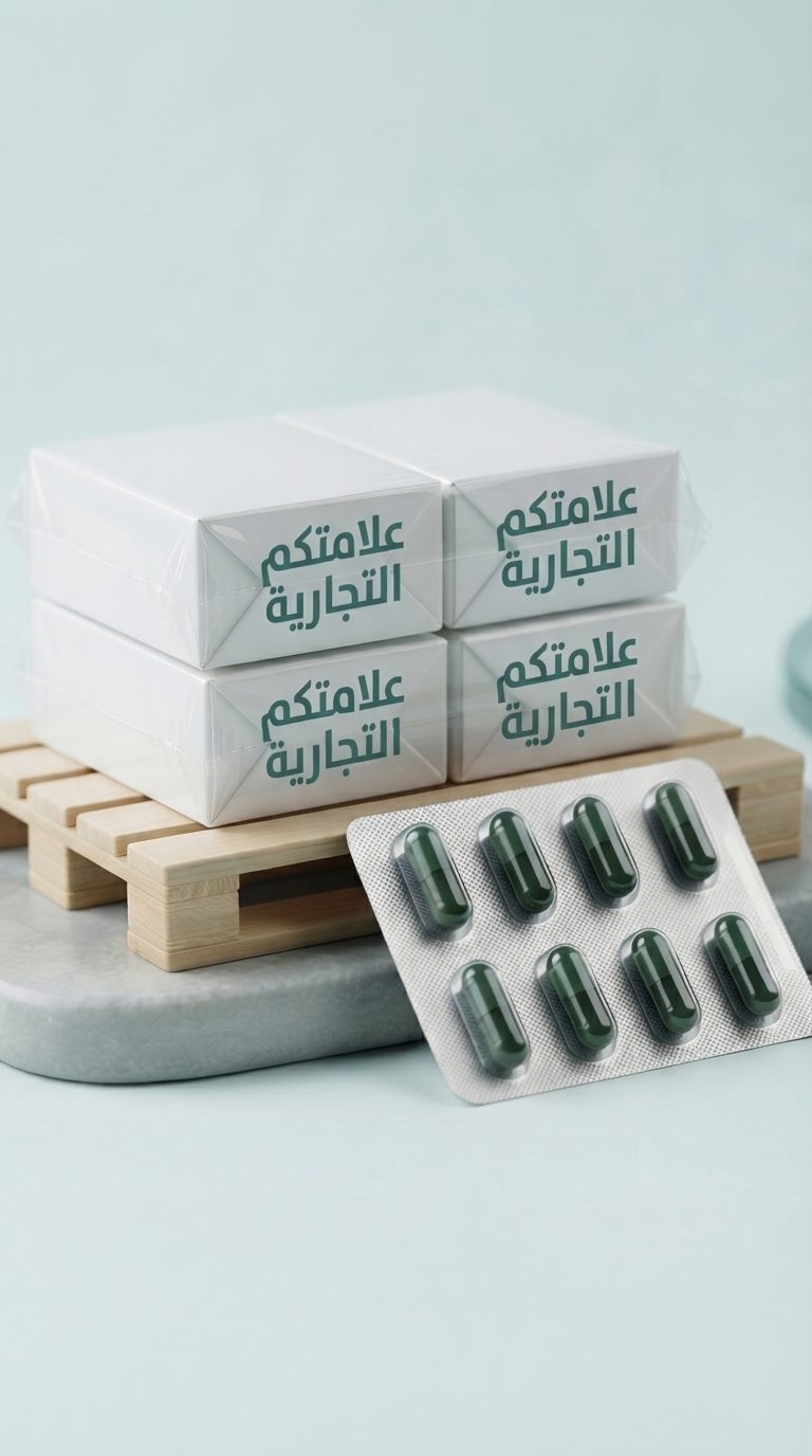 علب كرتونية مطبوع عليها «علامتكم التجارية» على منصة نقالة صغيرة، مع بليستر من الكبسولات الخضراء الداكنة