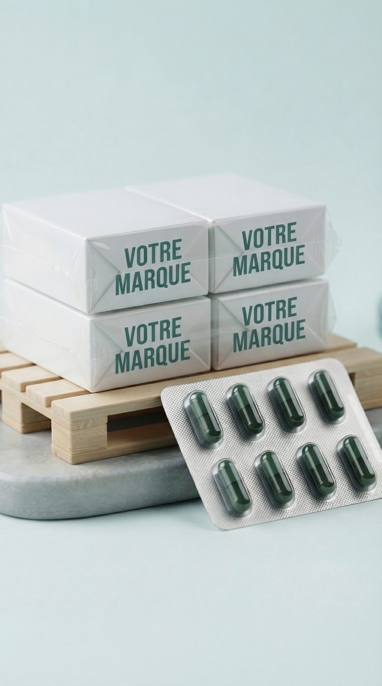 Étuis portant la mention VOTRE MARQUE sur une petite palette, avec un blister de gélules vert foncé