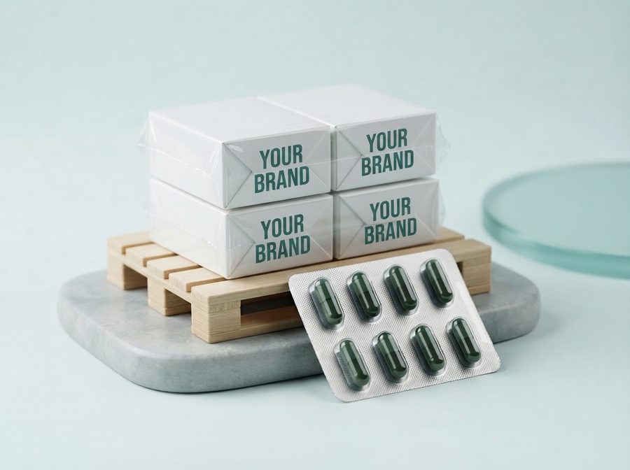 Cartons printed YOUR BRAND on a small pallet, with a blister of dark green capsules