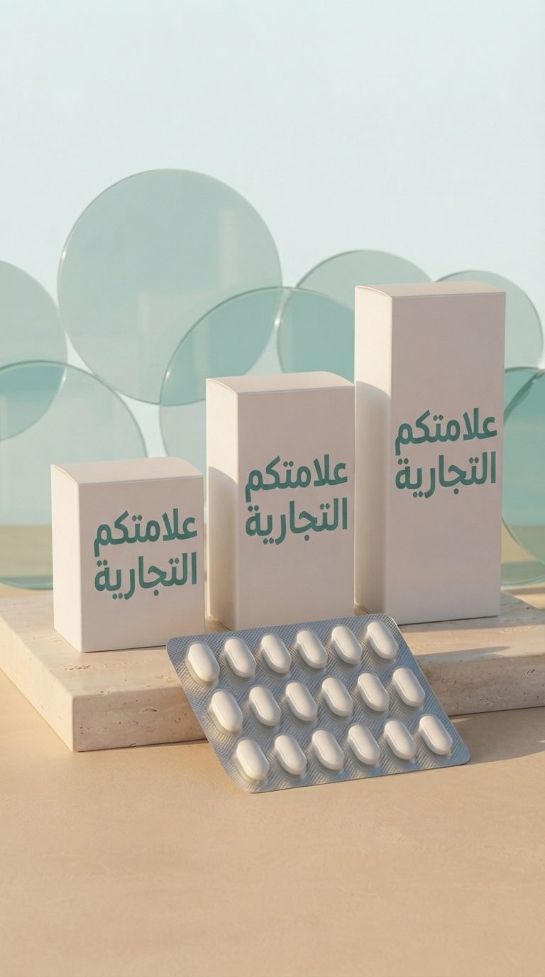 ثلاث علب كرتونية مطبوع عليها «علامتكم التجارية»، مع بليستر من الأقراص البيضاوية