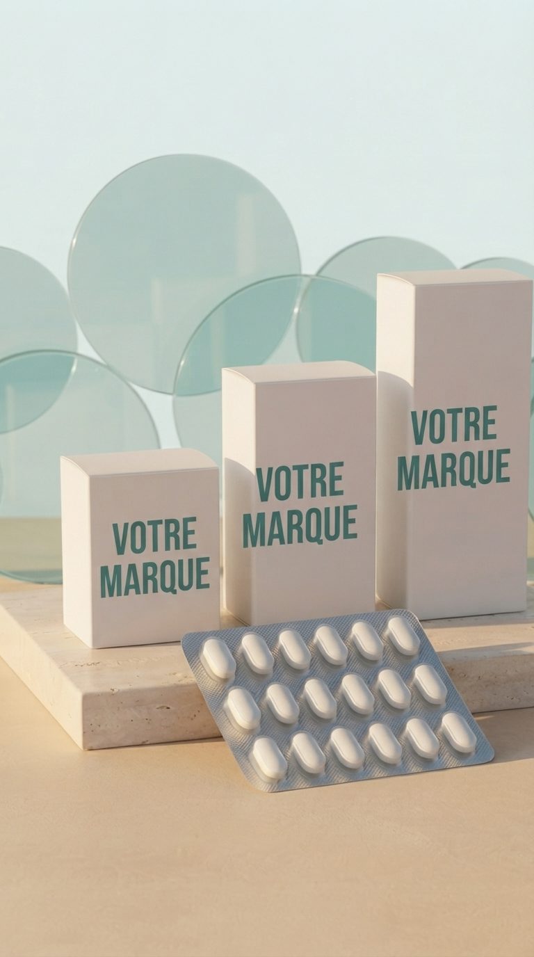 Trois étuis portant la mention VOTRE MARQUE, avec un blister de comprimés ovales