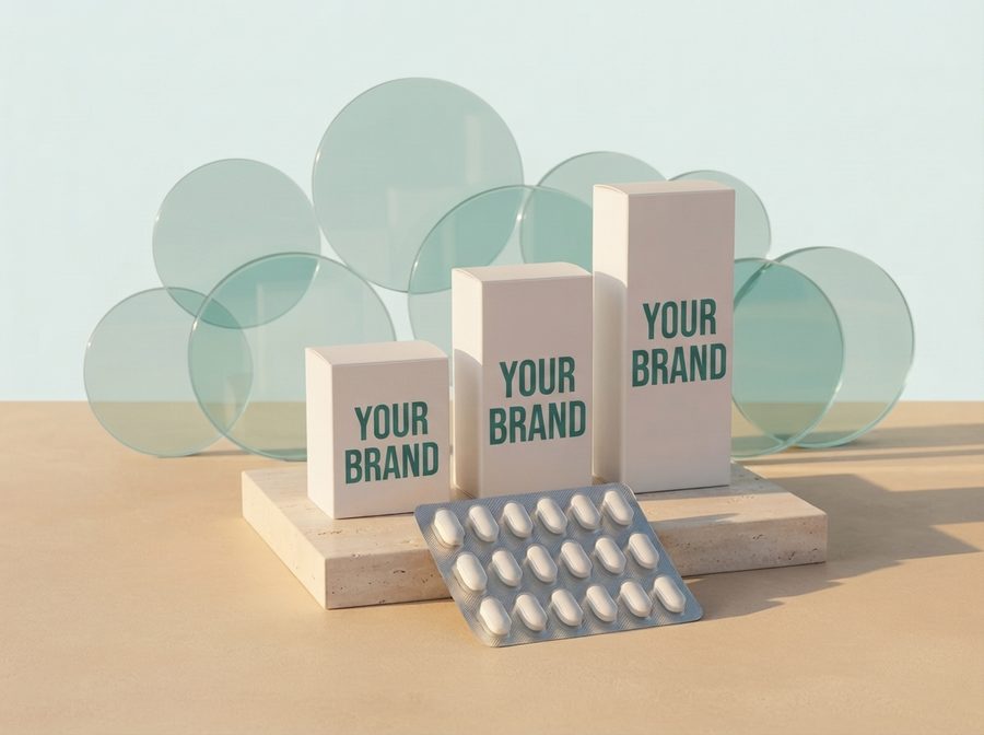 Three cartons printed YOUR BRAND, with a blister of oval tablets