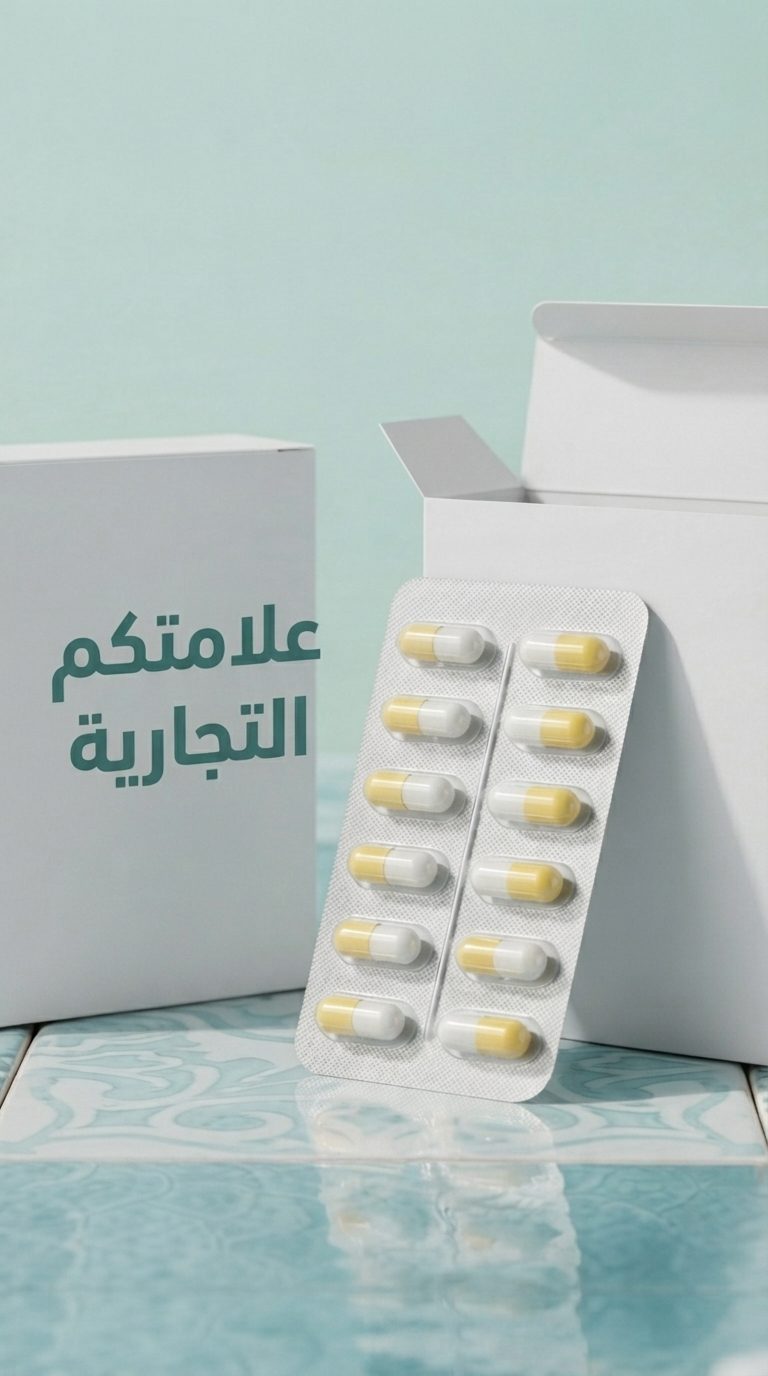 علبة كرتونية مطبوع عليها «علامتكم التجارية» على أرضية من البلاط، مع بليستر من الكبسولات