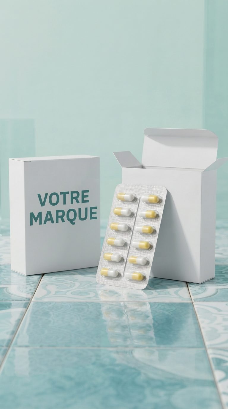 Étui portant la mention VOTRE MARQUE, posé sur du carrelage, avec un blister de gélules