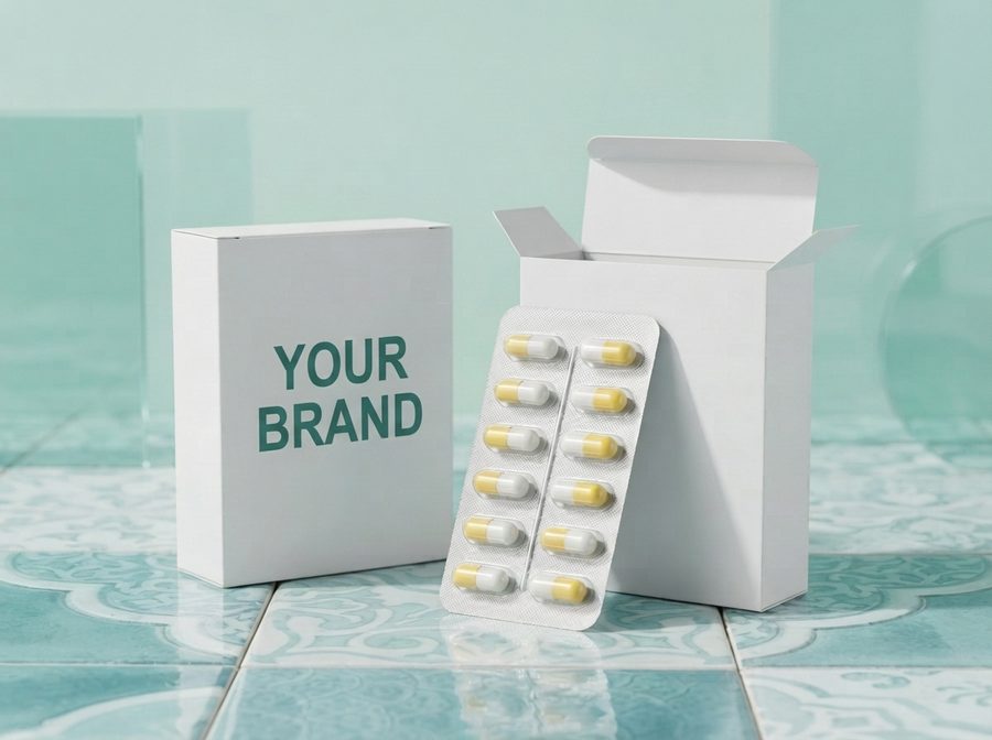 Carton printed YOUR BRAND on tiles, with a blister of capsules