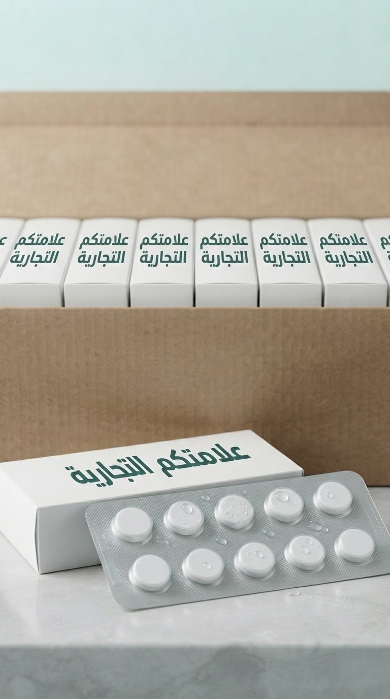 صندوق شحن فيه علب كرتونية مطبوع عليها «علامتكم التجارية»، مع بليستر من الأقراص المستديرة