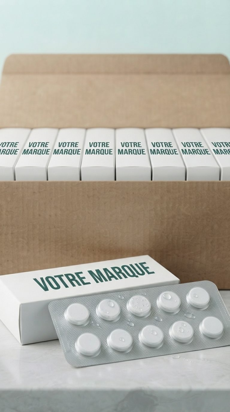 Carton d'expédition contenant des étuis portant la mention VOTRE MARQUE, avec un blister de comprimés ronds