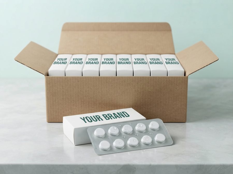 Shipping case of cartons printed YOUR BRAND, with a blister of round tablets